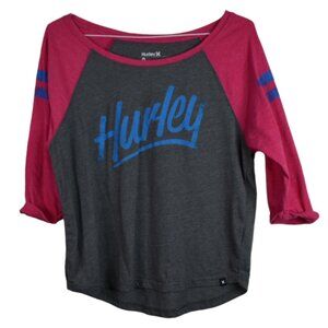 Hurley Shirt XL Womens Baseball Tee Graphic 3/4 Sleeve Skater Cotton Blend